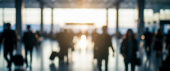Blurred figures walk in a bright modern building, possibly an airport or station, with large windows, soft reflections, and glowing highlights creating a minimal travel mood.