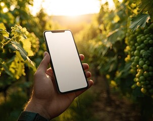 Smartphone held outdoors, vineyard background