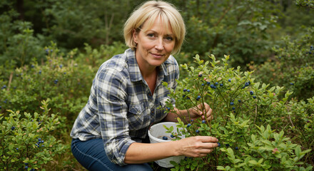 Mature woman picking blueberries in lush green garden outdoors  