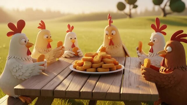 Funny chickens eating chicken nuggets at picnic table