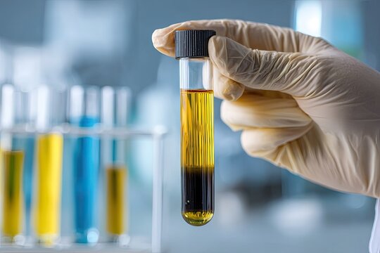 Lab technician holding a test tube with a yellow-brown liquid