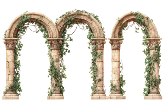 Three arched stone doorways, adorned with lush green vines