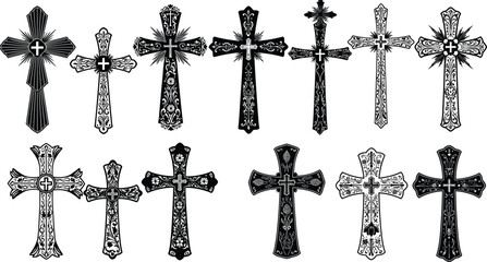Ornate cross designs, decorative Christian symbols, gothic style, religious iconography, black and white vector, floral patterns, sacred art, faith, spirituality illustration