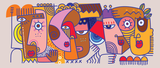 Obraz premium Face portrait abstraction doodle. geometric and shapes wall art vector illustration design. Abstract woman, man silhouette cubism.