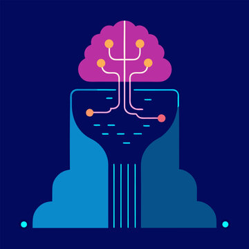 Abstract ai brain with binary data waterfall illustration