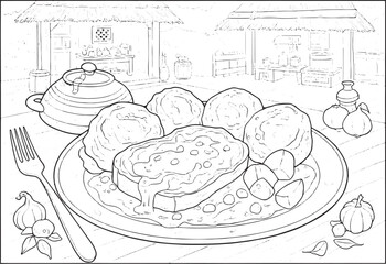 Detailed line art depiction of traditional Croatian pasticada di