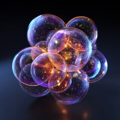 Dynamic Iridescent Bubble Cluster with Sparkling Purple and Orange Internal Lights, Abstract Glow.