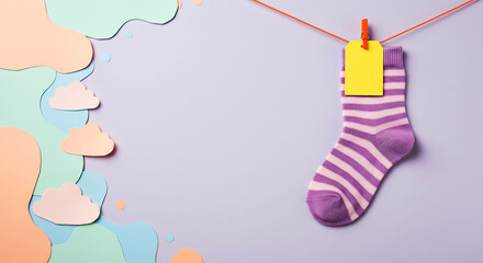 Striped Sock Hanging on Clothesline with Paper Clouds
