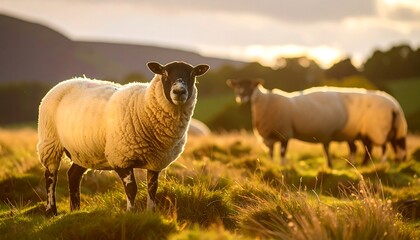 Fototapeta premium Three sheep stand in a golden meadow bathed in the warm light of sunset.
