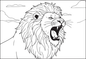 Majestic Lion Roaring Fiercely in Detailed Line Art Illustration