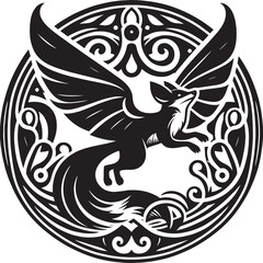 Intricate Black and White Illustration of a Mythical Winged Fox within a Decorative Circle