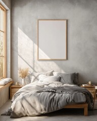 Modern bedroom interior with a blank framed canvas