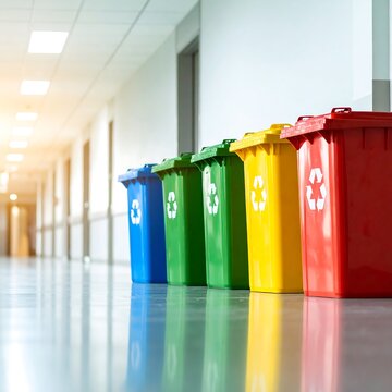 Colorful recycling bins in a hospital hallway