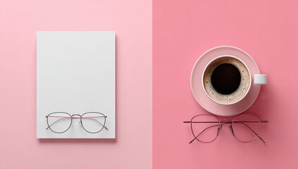 Minimalist pink and white workspace with a coffee cup and glasses
