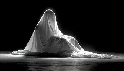 Ghost silhouette in bedsheet on black background.