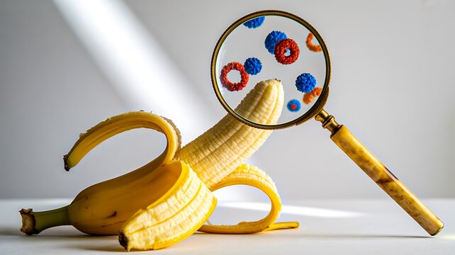 Banana fruit under magnifying glass showing microscopic bacteria and contamination concept
