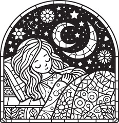 A serene illustration of a girl sleeping peacefully under the starry night sky in a stained-glass