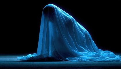Ghost silhouette in bedsheet on black background.