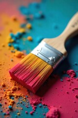 Fototapeta premium Close-up of a paintbrush with a decorative, ornate handle, ready to apply textured paint Ideal for DIY, home decor, and artistic projects The bristles are full and appear soft , improvement, closeup