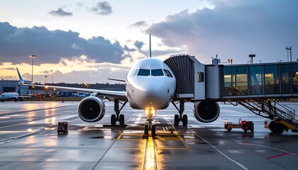 An airliner docked at a terminal gate via a passenger boarding bridge on a wet tarmac under a dramatic twilight sky