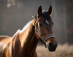 Fototapeta premium A close-up portrait of a magnificent brown horse, showcasing its detailed features and serene expression against a softly blurred natural background.