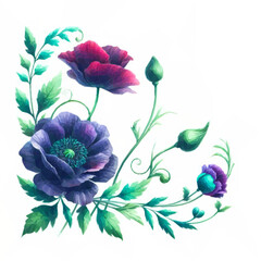 Eckrahmen aus floralen schwarz blauen Mohnblumen. Vektor Design aus Low Poly. Dunkel romantisches Halloween Element vor wei&szlig;em Hintergrund. 