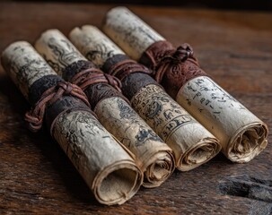 Fototapeta premium Antique scrolls on a rustic wooden surface
