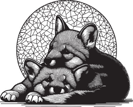 Black and white illustration of two foxes in an embrace with a geometric background