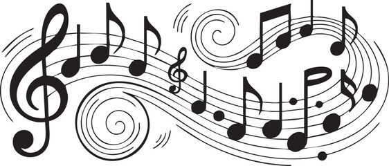 Music notes wave. Flowing musical staff lines with notes, clefs and melody rhythm patterns in dynamic circular, spiral and wavy shapes. Elegant swirling compositions for music posters. Vector 