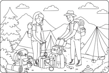 Obraz premium Line art of a couple preparing for a camping trip in a mountaino