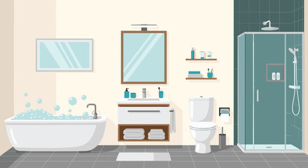 Fototapeta premium Relaxing bubble bath and shower in a modern bathroom perfect for spa day promotions or interior design