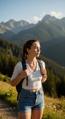 Young brunette woman hiker with backpack looking at mountain landscape during golden hour adventure travel concept for tourism outdoor recreation marketin