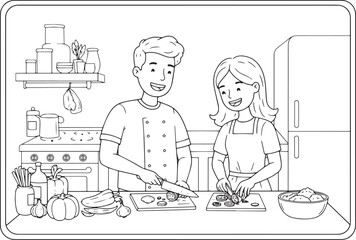 Happy couple prepares food together, in the kitchen, cutting fre