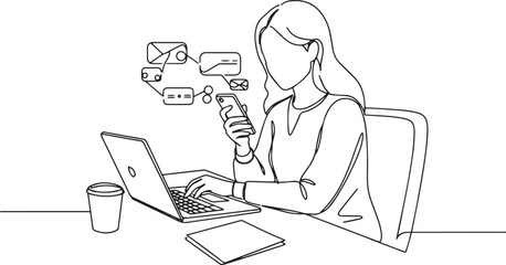 Line Art of Woman Multitasking with Laptop and Smartphone for Co