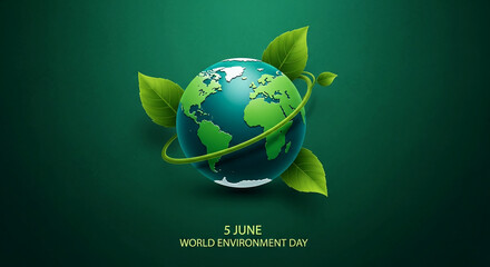 Green globe encircled by green leaves on a dark green background, symbolizing environmental protection and World Environment Day Free space for text