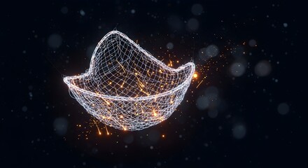 Wireframe Cowboy Hat, A polygonal, wireframe model of a classic cowboy hat, floating against a desert sunset backdrop, Digital Western: Polygonal Icon of the Frontier