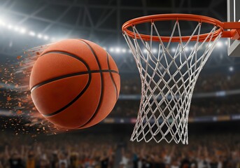 Fototapeta premium Basketball scoring a point, A basketball is at the moment of swishing through a net, with no rim touch, perfectly scored, Nothing But Net: The Perfect Shot