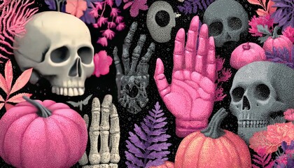 Ghost vector illustrations set with abstract designs, skeleton hands, and pumpkins.