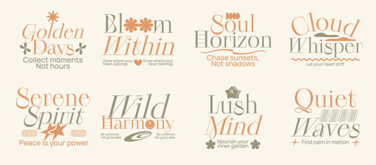 Mindfulness quotes typography set, Vintage aesthetic t-shirt design bundle, Positive lifestyle graphic poster collection, Inner peace and meditational lettering packs, Wellness quotes typographic set