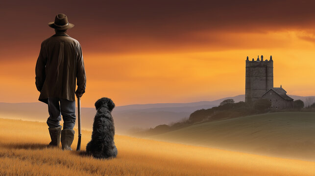 A silo’s shadow falls across a golden field at dusk with a farmer leaning against it a pitchfork in hand a dog at his feet and a warm sky glowing captured in a nostalgic photo