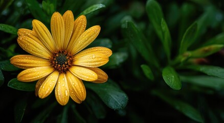 Close-up of a vibrant yellow flower with dew drops