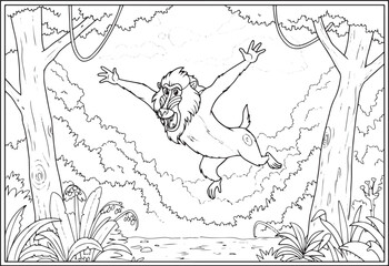 Obraz premium Cartoon drawing of a baboon in a jungle environment for coloring
