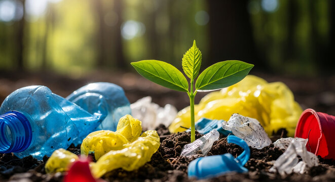 Young plant sprouts amidst plastic waste in soil, symbolizing environmental resilience and the need for recycling and pollution reduction - Powered by Adobe