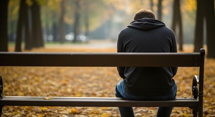 Person sitting alone on a park bench surrounded by fallen autumn leaves, contemplating solitude and the changing seasons.