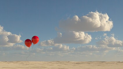 Fototapeta premium Two red balloons floating over a desert landscape