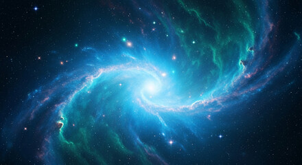 Blue and green nebula swirls in space, cosmic dust and stars create a vibrant galaxy scene, representing the vastness and mystery of the universe