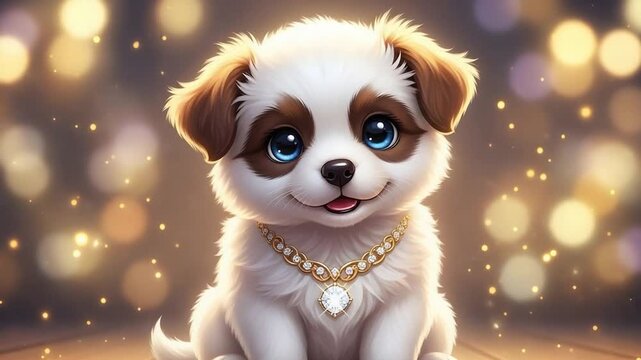 Adorable cartoon puppy wearing sparkling diamond necklace