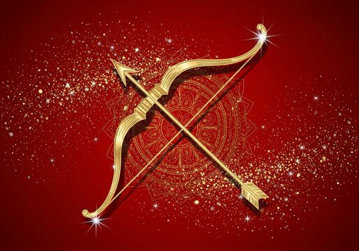 Lord Rama gold bow in deep red background with golden glitter decorations
