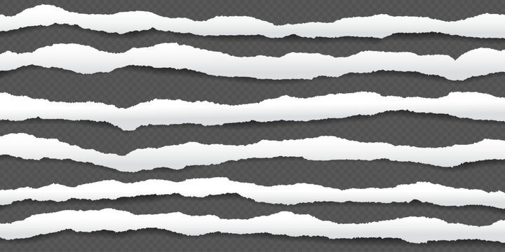 Pieces of horizontal white paper with torn, ripped edges are on black background for text or ad.