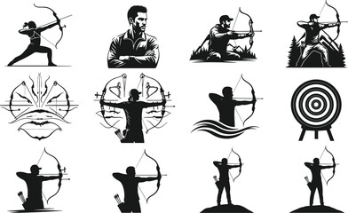 Silhouette archers in dynamic poses aiming bows and arrows, archery target, modern and traditional bows, hunting and sport archery scenes, focused athletes.